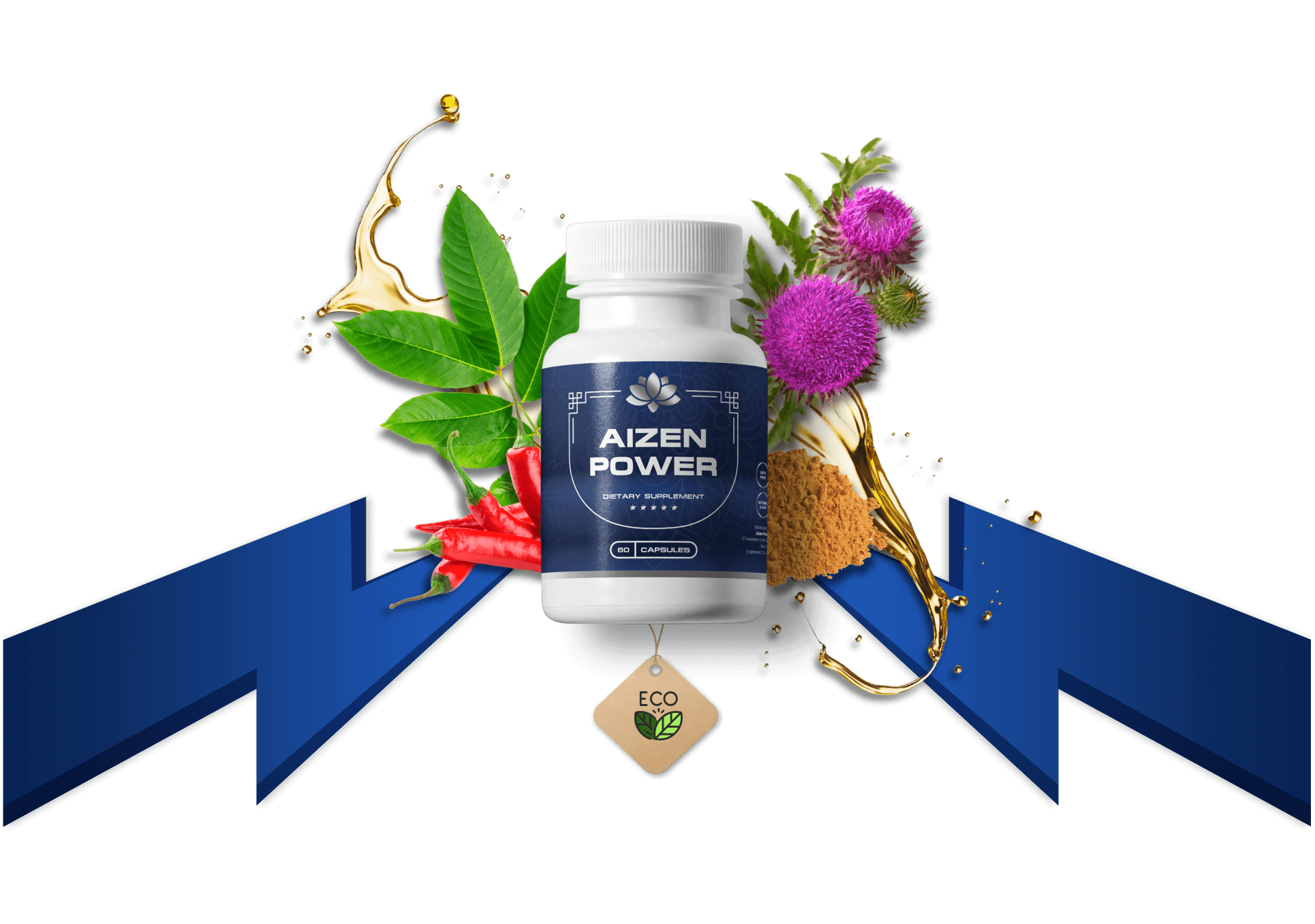 Aizen Power dietary supplement bottle surrounded by natural ingredients with ECO tag.